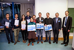 Die Bewerber*innen und Preisträger*innen des Wissenschaftspreises 2017 mit Matthias Baumgart (Leiter Referat Forschung) und Prof. Gerhard Thiem (amtierender Prorektor Forschung )