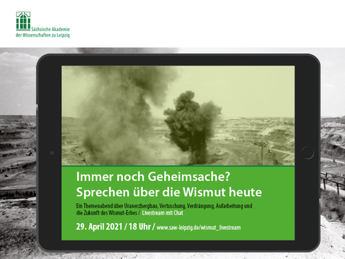 Einladung zum WISMUT-Themenabend Display mit Bild einer Sprengung und den Veranstaltungsdaten