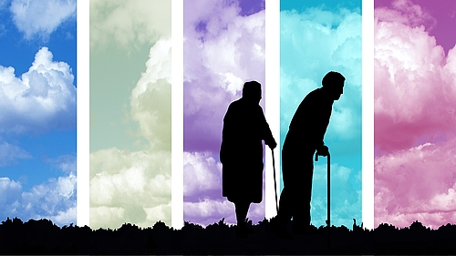 Grafik: pixabay Silhouetten eines alten Mannes und einer alten Frau vor farbigen Hintergrundsäulen