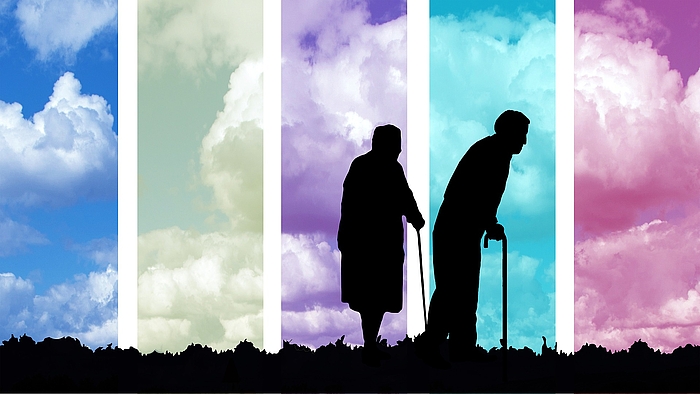Silhouetten eines alten Mannes und einer alten Frau vor farbigen Hintergrundsäulen