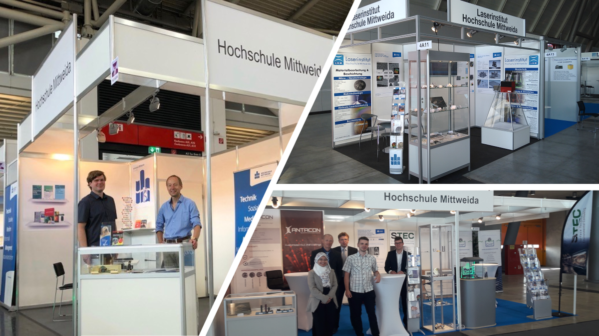 Messestände der Hochschule Mittweida 2022 auf der analytica (links), der LASYS (rechts oben) und der Surface Technology GERMANY (rechts unten) Messestände der Hochschule Mittweida 2022 auf der analytica (links), der LASYS (rechts oben) und der Surface Technology GERMANY (rechts unten)