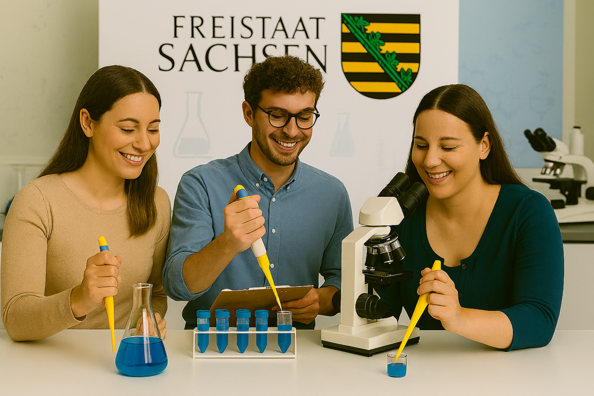 Gruppe von drei Menschen um einen Labortisch, im Hintergrund das Logo des Freistaates Sachsen