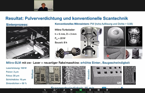 Prof. André Streek bei seinem Vortrag „Herstellung von Mikrostrukturen mittels laserbasierter Additiver Fertigung“ Bildausschnitt von dem virtuellen Vortrag