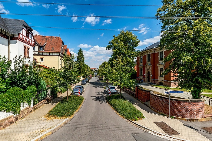 Blick auf Straße in Mittweida mit Bäumen, Fahrzeugen und Häusern