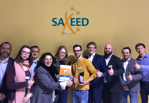 Große Freude beim Mittweidaer SAXEED-Team und den Teilnehmern v.l.n.r.: Tomás Cabrera, Caroline Auerswald, Prof. Dr. Frank Schumann, Prof. Dr. Ulla Meister, Lisa Prudnikow, Nils Schön, Dominic Putze, Falk Hellmann, Norman Reifarth und Dirk Liebers