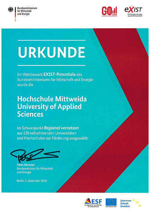 Förderurkunde EXIST-Potenziale, unterschrieben durch den Bundesminister für Wirtschaft und Energie Peter Altmaier