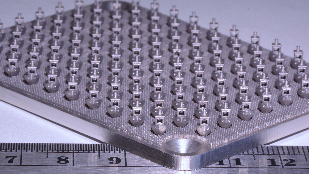 Metallplatte mit 100 Mikro-Bechys vor einem Lineal