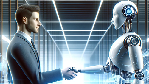 grafische Darstellung: Handschlag zwischen Mensch und Roboter