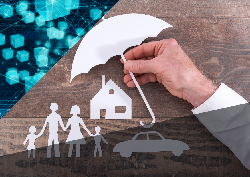 Hand hält einen regenschirm über ein Haus, eine Familie und ein Auto