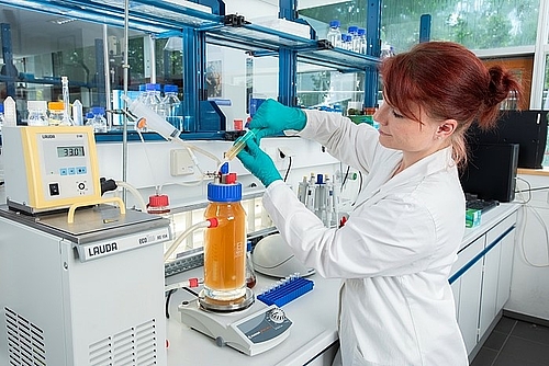 Nadine Wappler im Labor beim Umfüllen einer Flüssigkeit