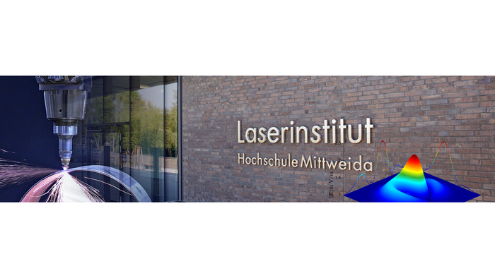 Bildcollage mit Laserbearbeitung, Frontwand des Laserinstitut Hochschule Mittweida und Diagramm